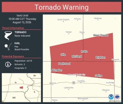 Iowa Tornado Warning Continues for Brighton, Richland and Ollie Until 10 AM CDT 1 Iowa Tornado Warning Continues for Brighton, Richland and Ollie Until 10 AM CDT