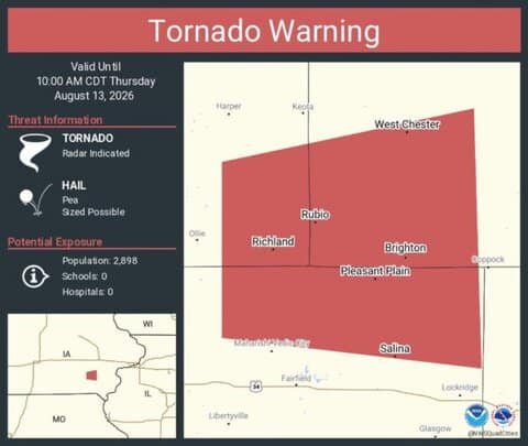 Iowa Tornado Warning Continues for Brighton, Richland and West Chester Until 10 AM CDT