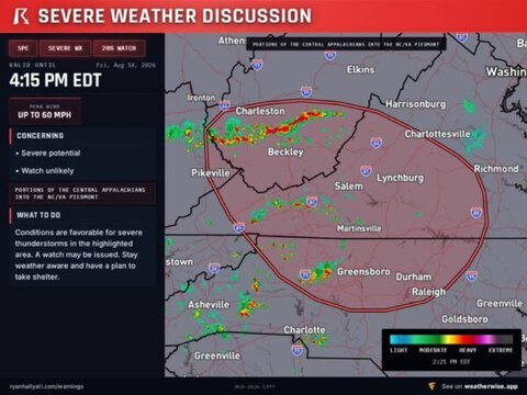 Strong Thunderstorms Could Bring 60 MPH Wind Gusts to Central Appalachians and NC/VA Piedmont