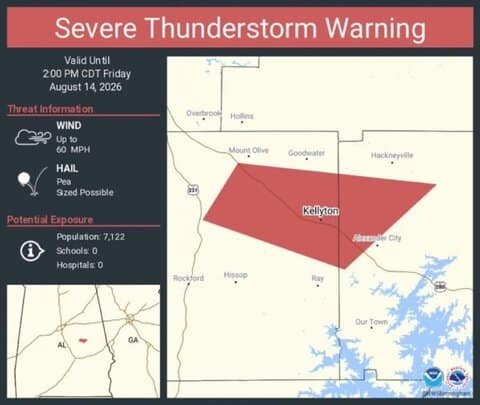 Severe Thunderstorm Warning Issued for Kellyton, Alabama With 60 MPH Winds
