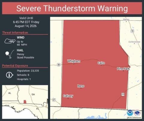 Severe Thunderstorm Warning Issued for Cairo, Whigham and Calvary, Georgia With 60 MPH Winds