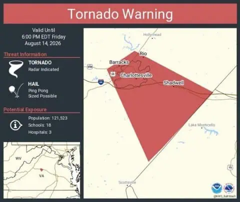 Tornado Warning Issued for Charlottesville and University of Virginia as Radar Detects Rotation