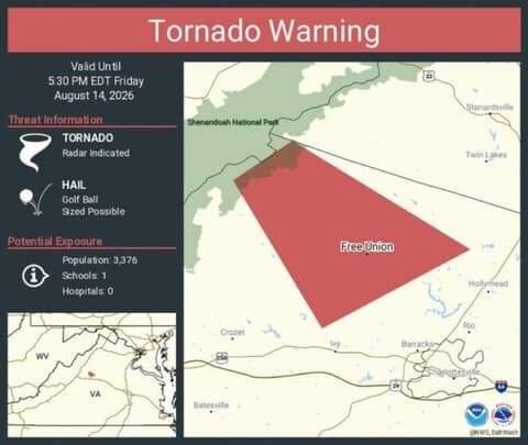 Tornado Warning Issued for Free Union, Virginia With Golf Ball-Size Hail Possible
