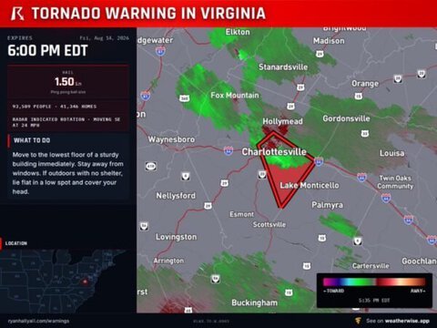 Tornado Warning for Charlottesville and Central Albemarle County as Rotation Moves Southeast