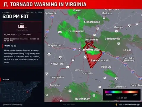 Tornado Warning for Charlottesville and Central Albemarle County as Rotation Moves Southeast
