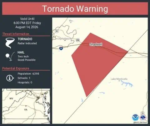 Tornado Warning Continues for Shadwell, Virginia With 2-Inch Hail Possible