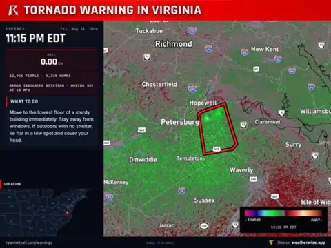 Radar-Confirmed Tornado Threatens Central Prince George County, Virginia With Flying Debris and Roof Damage