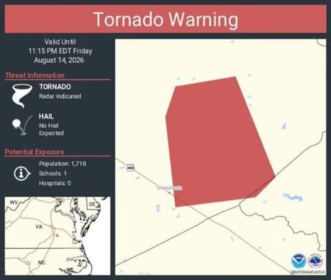 Tornado Warning Continues for Prince George County, Virginia as Radar Detects Rotation