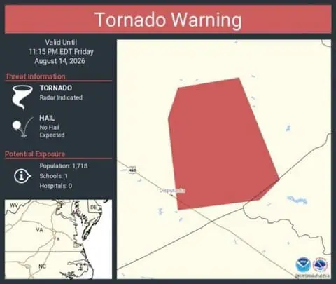 Tornado Warning Continues for Prince George County, Virginia as Radar Detects Rotation