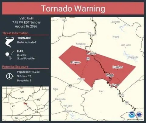 Tornado Warning Issued for Louisa, Kentucky, and Fort Gay and Crum, West Virginia
