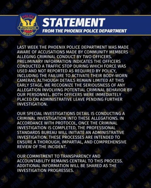 Phoenix Police Officers Placed on Leave Over Alleged Unreported Use of Force