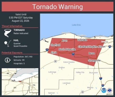 Tornado Warning Issued for Elyria, Cleveland Hopkins Airport and Strongsville, Ohio