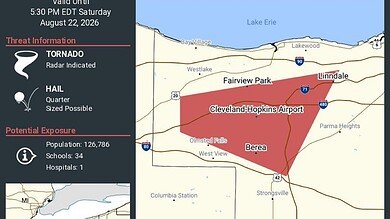 Tornado Warning Targets North Olmsted and Brook Park, Ohio Near Cleveland Hopkins Airport