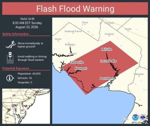Flash Flood Warning Issued for Millville, Laurel Lake and Port Norris, New Jersey 1 Flash Flood Warning Issued for Millville, Laurel Lake and Port Norris, New Jersey