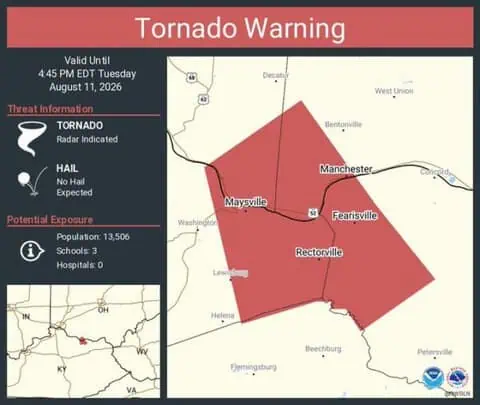 Tornado Warning Continues for Maysville, Manchester and Aberdeen