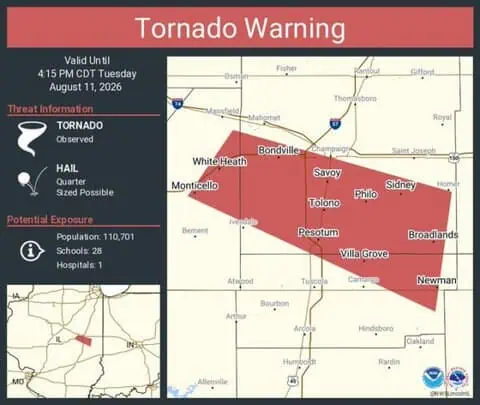 Confirmed Tornado Warning Continues for Savoy, Monticello and Tolono, Illinois