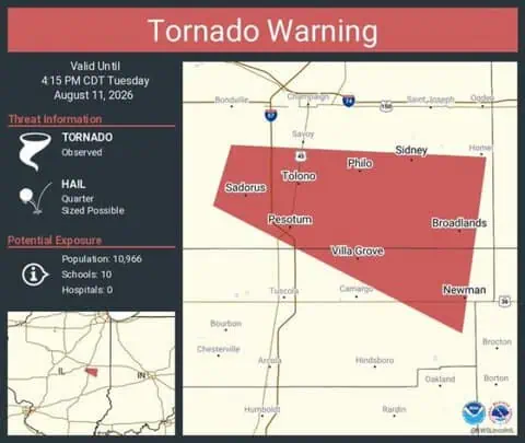 Confirmed Tornado Warning Continues for Tolono, Villa Grove and Philo, Illinois 1 Confirmed Tornado Warning Continues for Tolono, Villa Grove and Philo, Illinois
