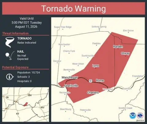 Tornado Warning Continues for Manchester, Rarden and Rome, Ohio 1 Tornado Warning Continues for Manchester, Rarden and Rome, Ohio