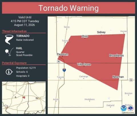 Tornado Warning Continues for Villa Grove, Philo and Sidney, Illinois