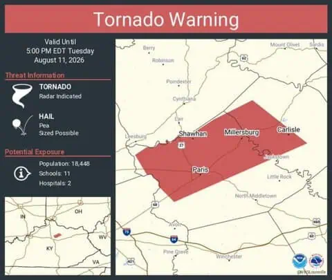 Tornado Warning Continues for Paris, Carlisle and Millersburg, Kentucky