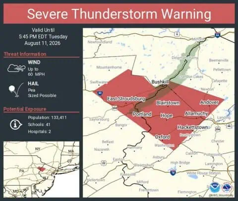 Severe Thunderstorm Warning Issued for East Stroudsburg, Hackettstown and Stroudsburg 1 Severe Thunderstorm Warning Issued for East Stroudsburg, Hackettstown and Stroudsburg