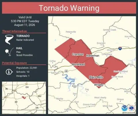 Tornado Warning Issued for Morehead, Wrigley and Blairs Mills, Kentucky