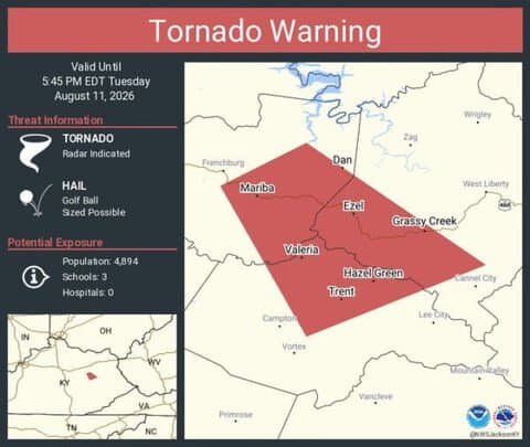 Tornado Warning Continues for Ezel, Hazel Green and Dan, Kentucky