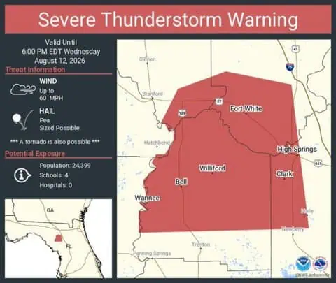 Severe Thunderstorm Warning Issued for High Springs, Fort White and Bell, Florida