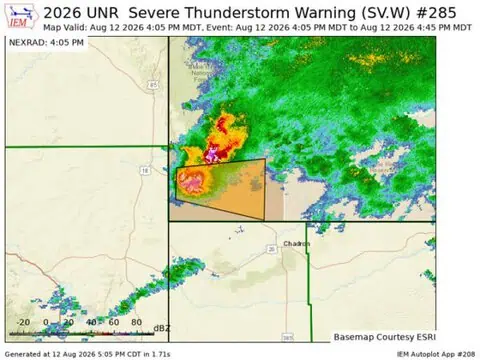Destructive Severe Thunderstorm Warning Issued for Fall River County, South Dakota — 90 MPH Winds Possible