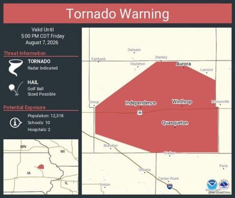 Tornado Warning Continues for Independence, Winthrop, and Quasqueton, Iowa