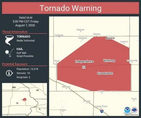 Tornado Warning Continues for Independence, Winthrop, and Quasqueton, Iowa