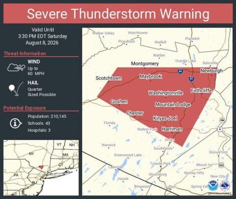 Severe Thunderstorm Warning Issued for Newburgh, Kiryas Joel and Woodbury, New York