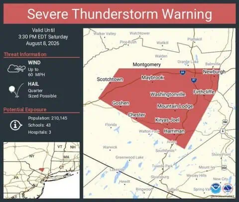 Severe Thunderstorm Warning Issued for Newburgh, Kiryas Joel and Woodbury, New York
