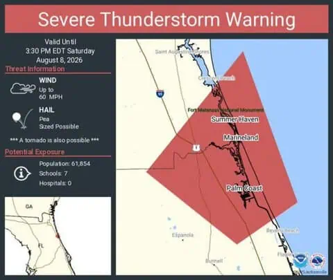 Severe Thunderstorm Warning for Palm Coast, Marineland and Summer Haven; Tornado Possible