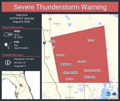 Severe Thunderstorm Warning Issued for Ocala, Belleview and Lynne, Florida