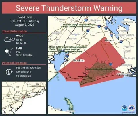 Severe Thunderstorm Warning Issued for Brooklyn and Queens, New York
