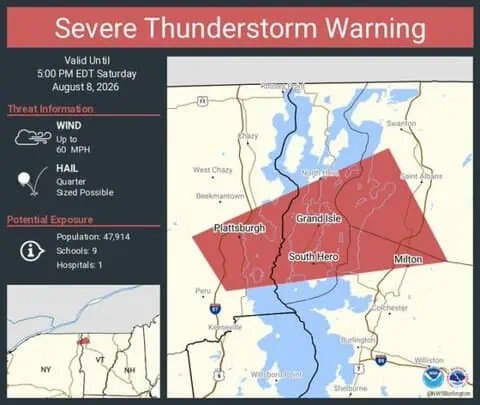 Severe Thunderstorm Warning Issued for Plattsburgh, New York and Parts of Vermont