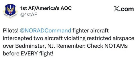 NORAD Fighter Jets Intercept Two Aircraft Near Trump’s Bedminster Golf Club in New Jersey