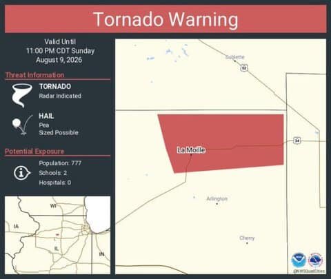 Tornado Warning Continues for La Moille, Illinois, as Radar Indicates Possible Tornado