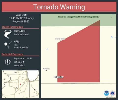 Tornado Warning Issued for Streator, Illinois, as Radar Indicates Possible Tornado