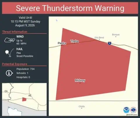 Severe Thunderstorm Warning Issued for Theba, Piedra and Midway, Arizona