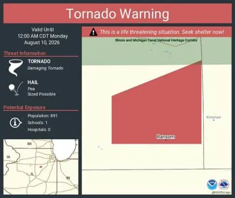 Damaging Tornado Threatens Ransom, Illinois; NWS Calls It a Life-Threatening Situation