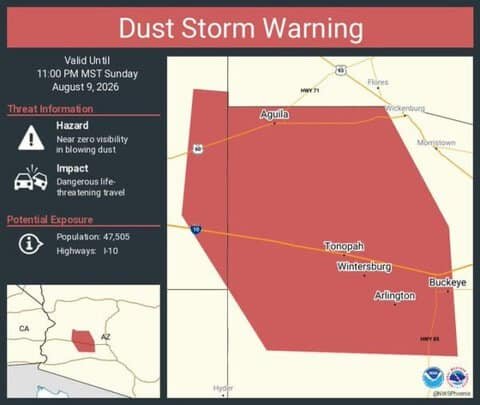 Dust Storm Warning Issued for Parts of Arizona; Near-Zero Visibility Threatens I-10 Travel