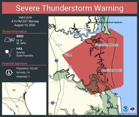 Severe Thunderstorm Warning Issued for Yulee and Fernandina Beach, Florida