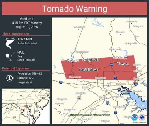 Tornado Warning Issued for Towson, Randallstown and Pikesville, Maryland