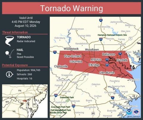 Tornado Warning Issued for Baltimore, Columbia and Glen Burnie, Maryland
