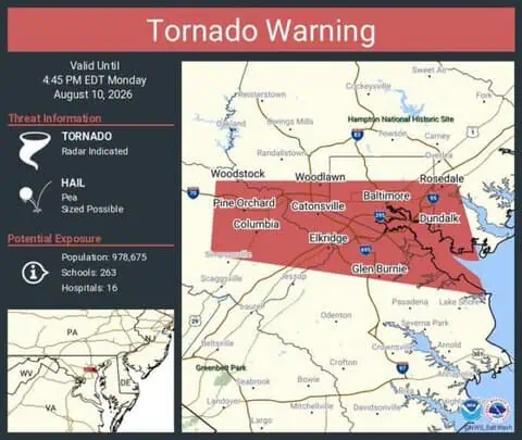 Tornado Warning Continues for Baltimore, Columbia and Glen Burnie; Nearly 1 Million in Warning Area