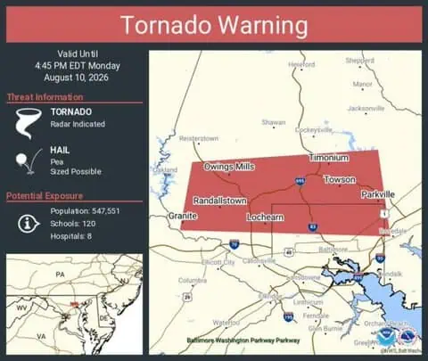 Tornado Warning Continues for Towson, Randallstown and Pikesville, Maryland