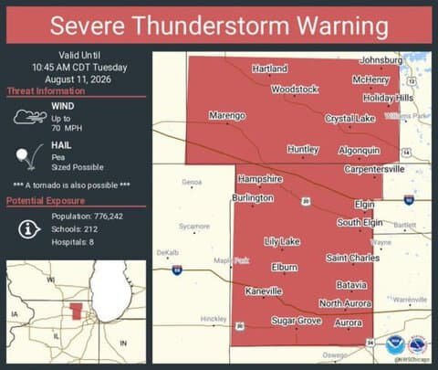 Severe Thunderstorm Warning Issued for Aurora, Elgin and Crystal Lake, Illinois