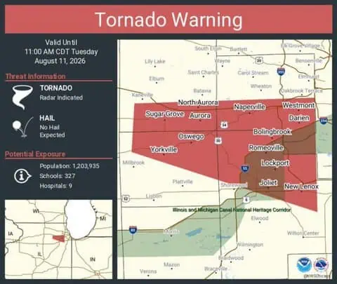 Tornado Warning Issued for Aurora, Joliet and Naperville, Illinois